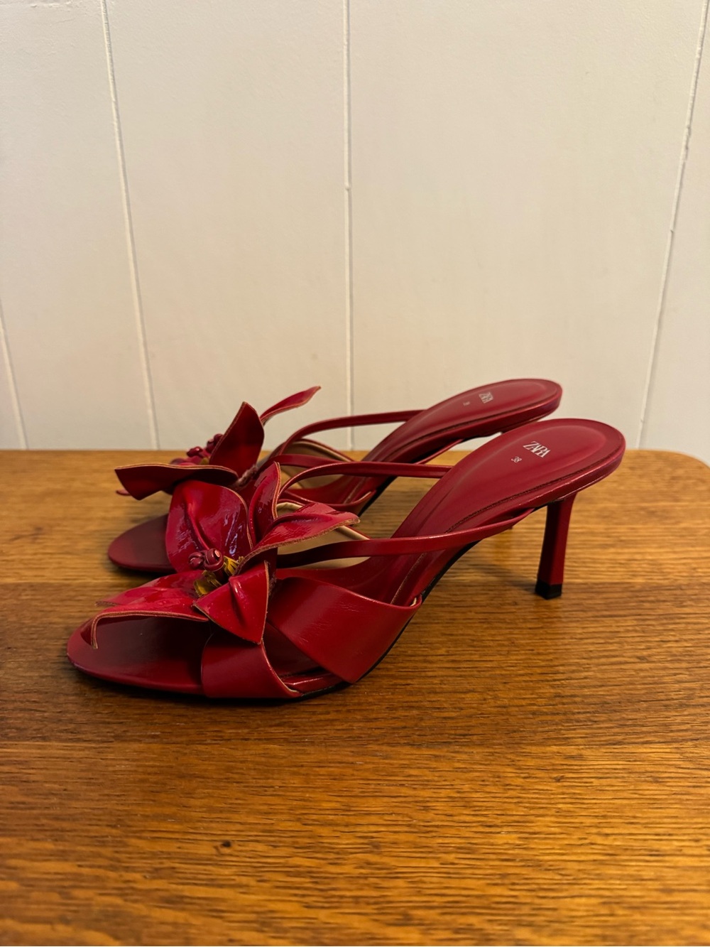 Zara Red Floral Patent Sandal Heels with Statement Floral - Picture 6 of 6